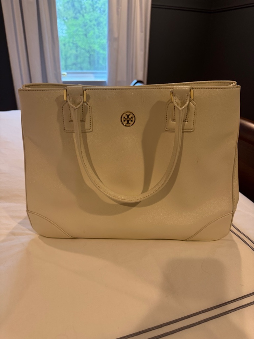 Tory Burch Cream Leather Double-Handle Tote with Gold Logo